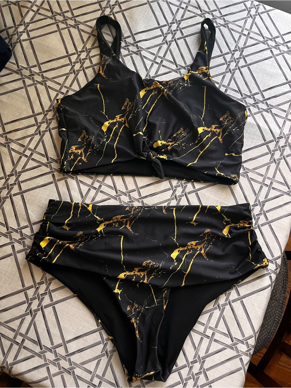 Zaful Black and Gold Marble High-Waist Bikini Set